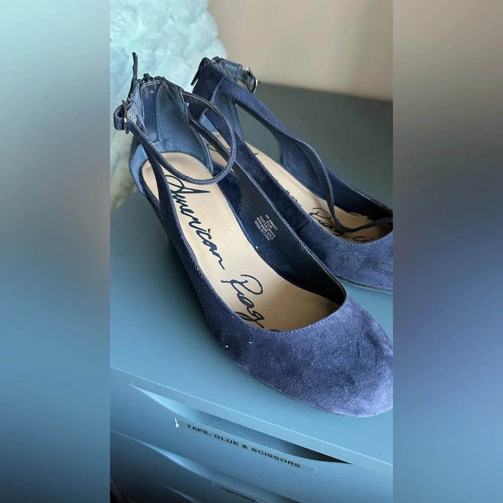 Arden B. Sofia Wedge Heels Navy Blue Ankle Strap Pumps Size 8.5 👠✨